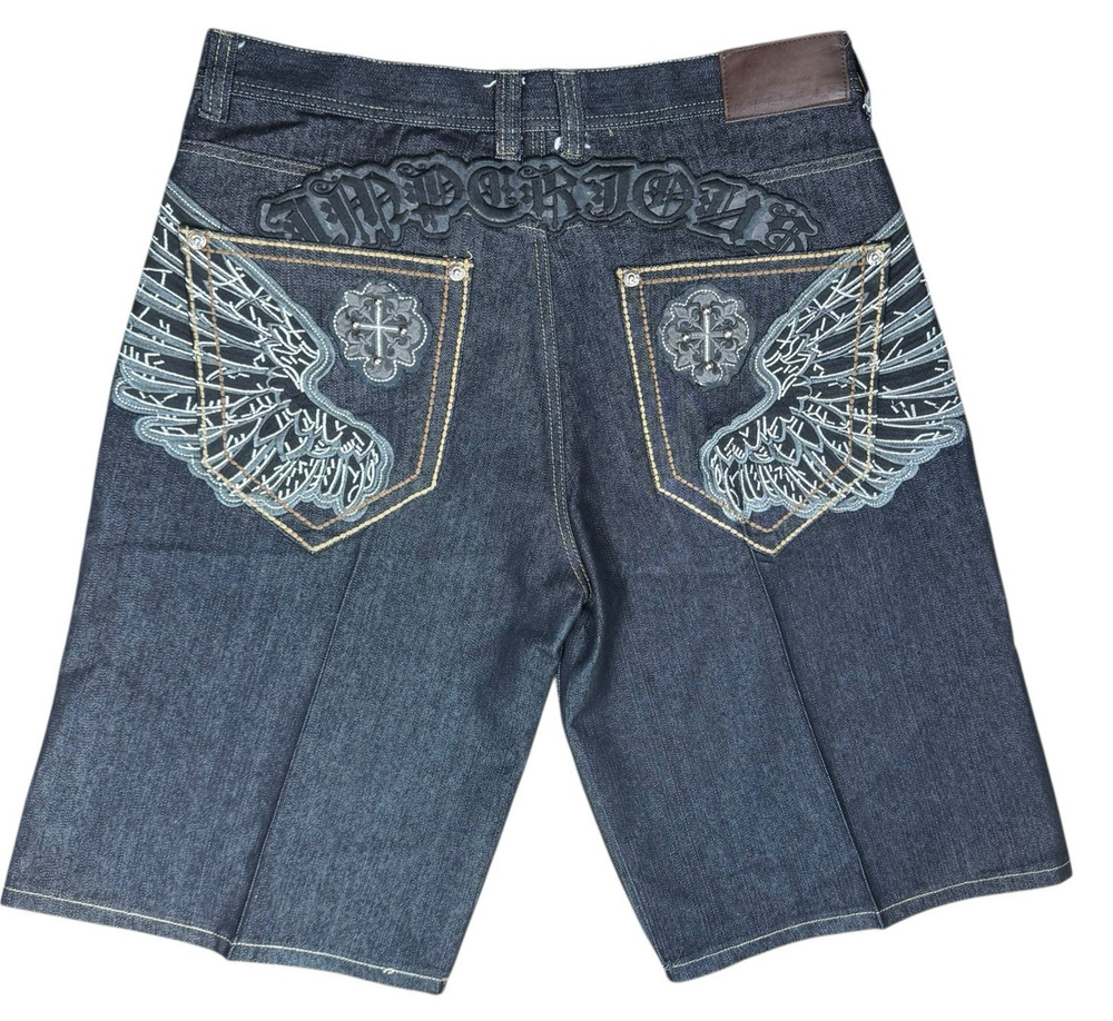 Imperious Y2K Denim Shorts Mens 38 Embroidered Wings Gothic Streetwear